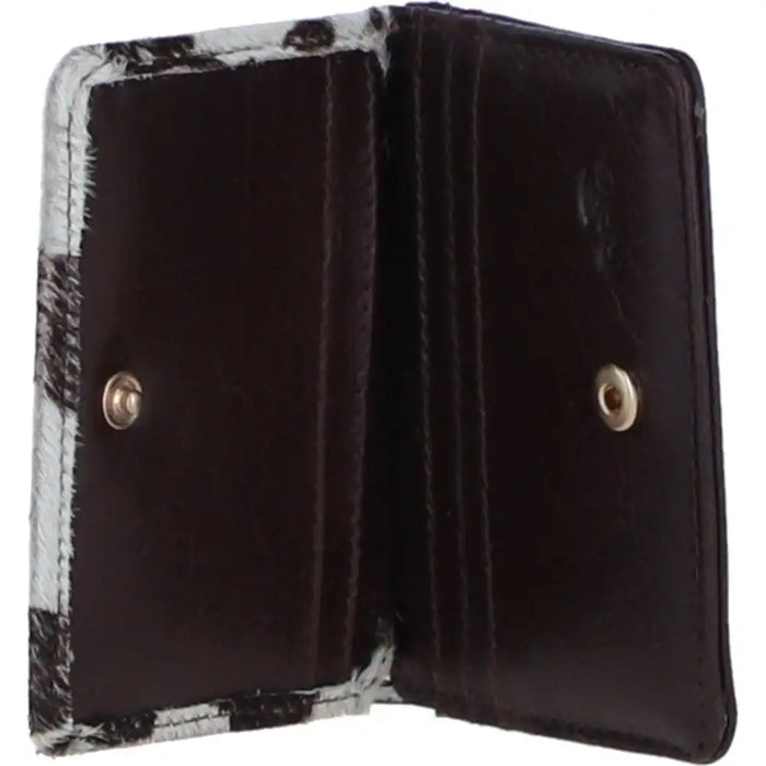 Black leather wallet with decorative pattern on a white background