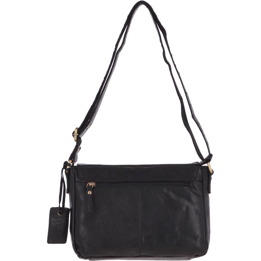 A black leather messenger bag with a adjustable shoulder strap, and a rear security pocket.