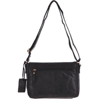 A black leather messenger bag with a adjustable shoulder strap, and a rear security pocket.