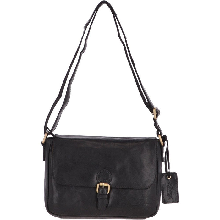A black leather messenger bag with a metal popper fastening flap, adjustable shoulder strap, and a rear security pocket.