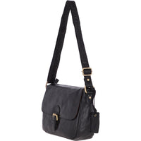 A black leather messenger bag with a metal popper fastening flap, adjustable shoulder strap, 
