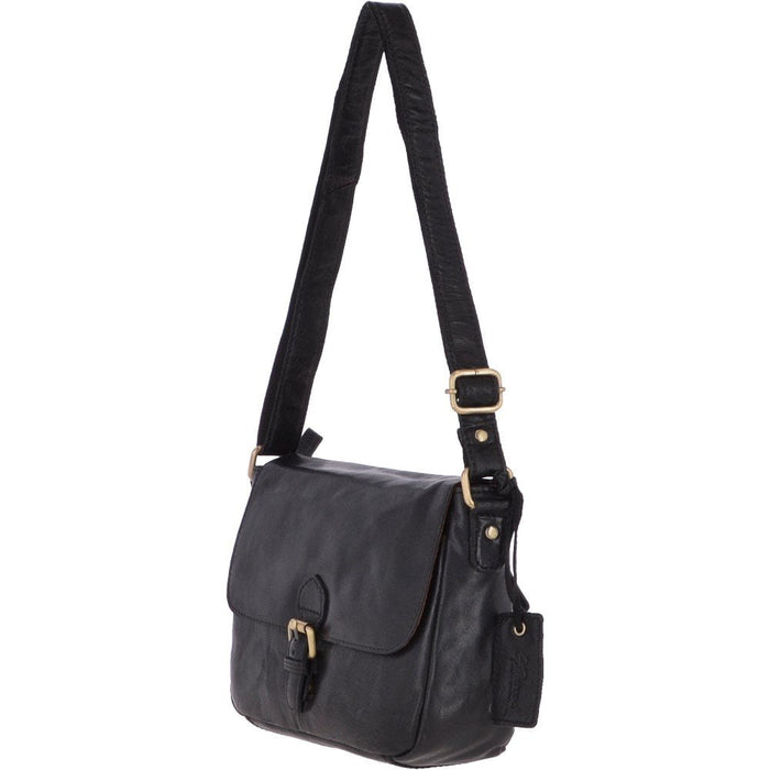 A black leather messenger bag with a metal popper fastening flap, adjustable shoulder strap, 