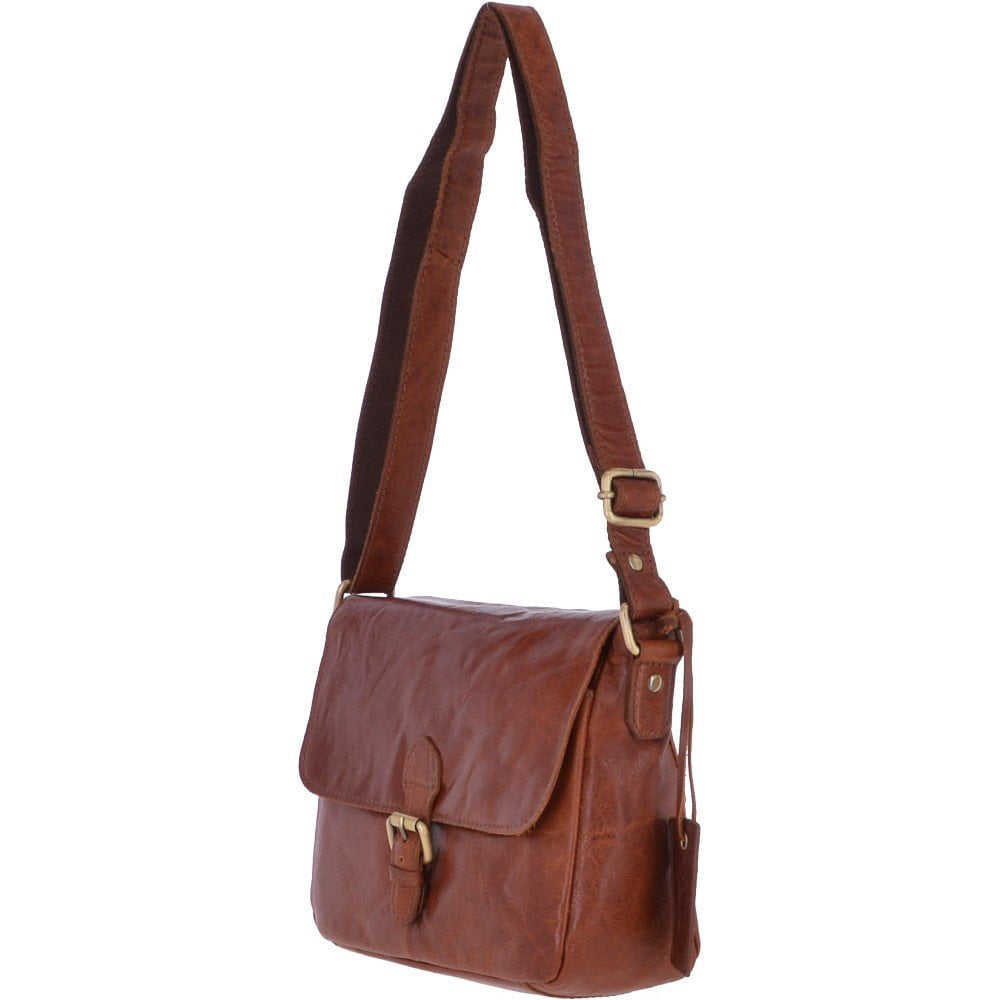 A brown leather messenger bag with a metal popper fastening flap, adjustable shoulder strap, and a rear security pocket.
