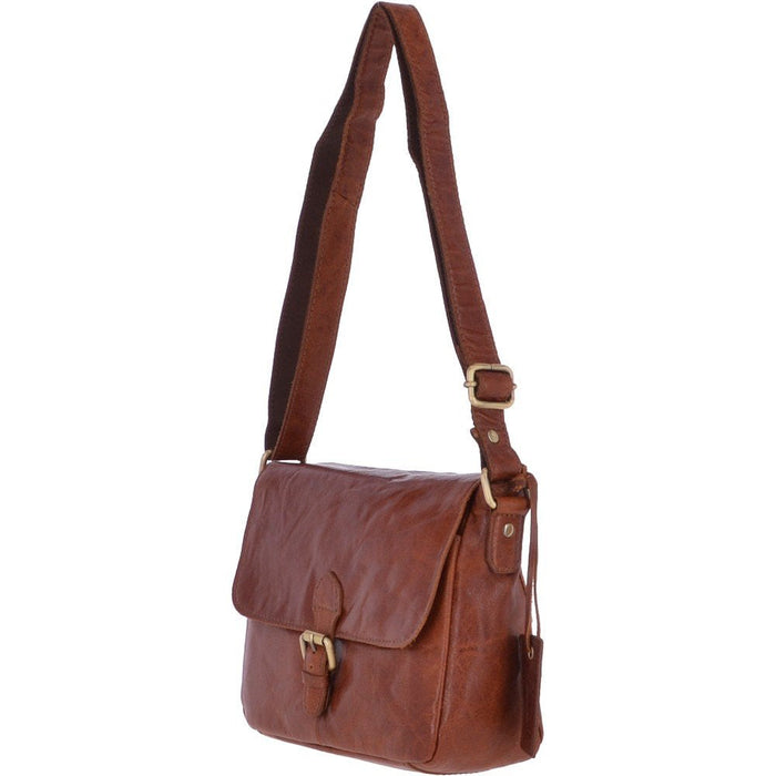 A brown leather messenger bag with a metal popper fastening flap, adjustable shoulder strap, and a rear security pocket.