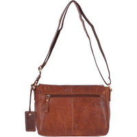 A brown leather messenger bag with adjustable shoulder strap, and a rear security pocket.