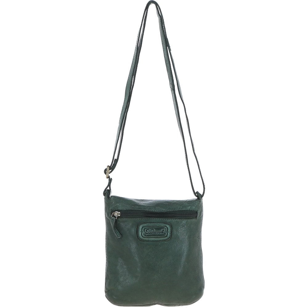 Green crossbody bag with a strap on a white background