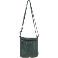 Green crossbody bag with a strap on a white background
