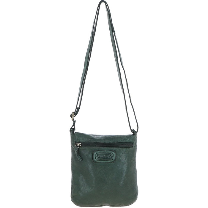 Green crossbody bag with a strap on a white background