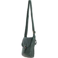 Green leather crossbody bag on a white background
