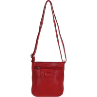 Red leather crossbody bag on a white background