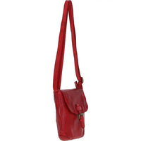 A red leather crossbody bag with a long adjustable strap, shown from a side profile view against a plain white background.