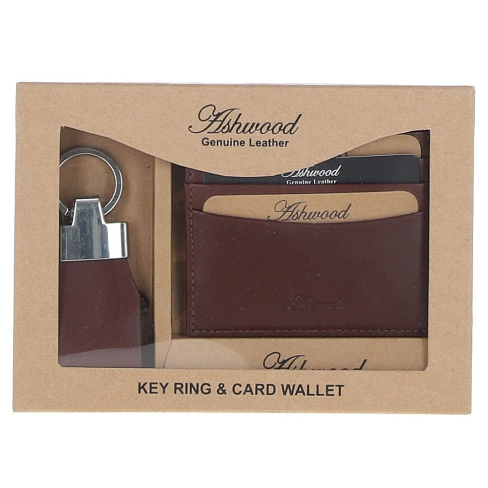 Ashwood Leather key ring and card wallet in brown leather in a presentation box.