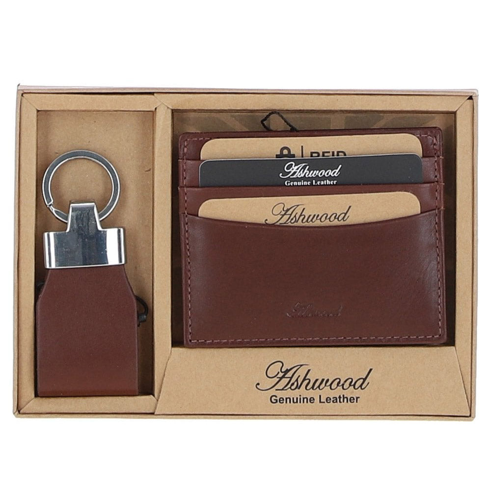 Ashwood Leather key ring and card wallet in brown leather in a presentation box.