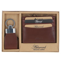 Ashwood Leather key ring and card wallet in brown leather in a presentation box.