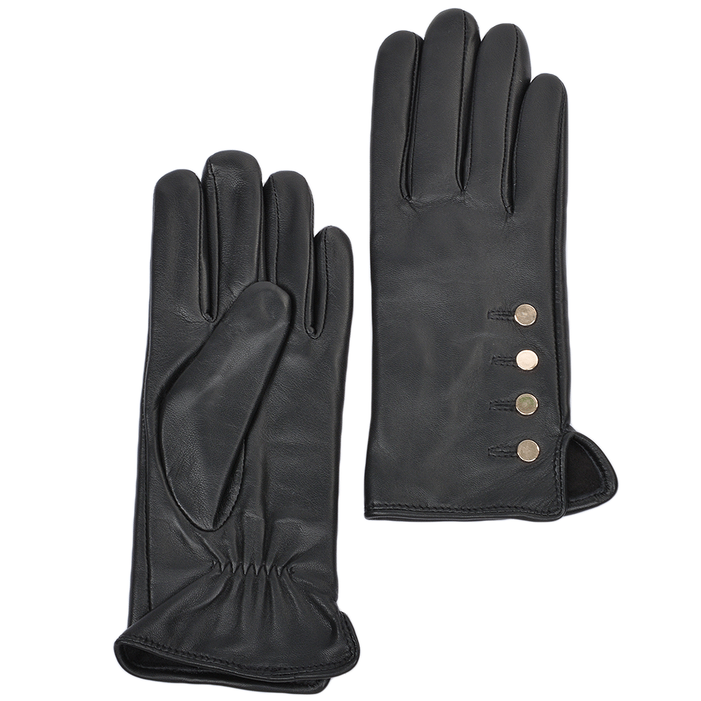 Leather Button Detail Gloves - Black