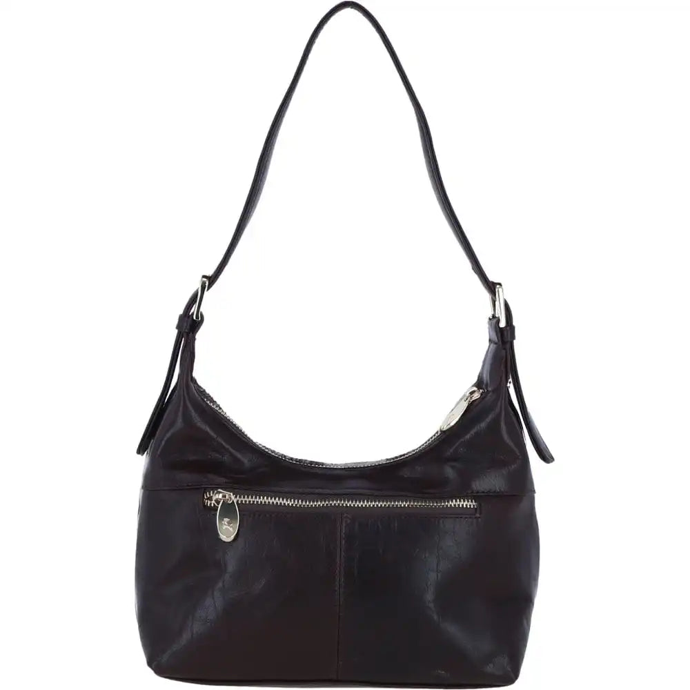Black leather handbag with a shoulder strap on a white background