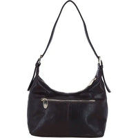 Black leather handbag with a shoulder strap on a white background