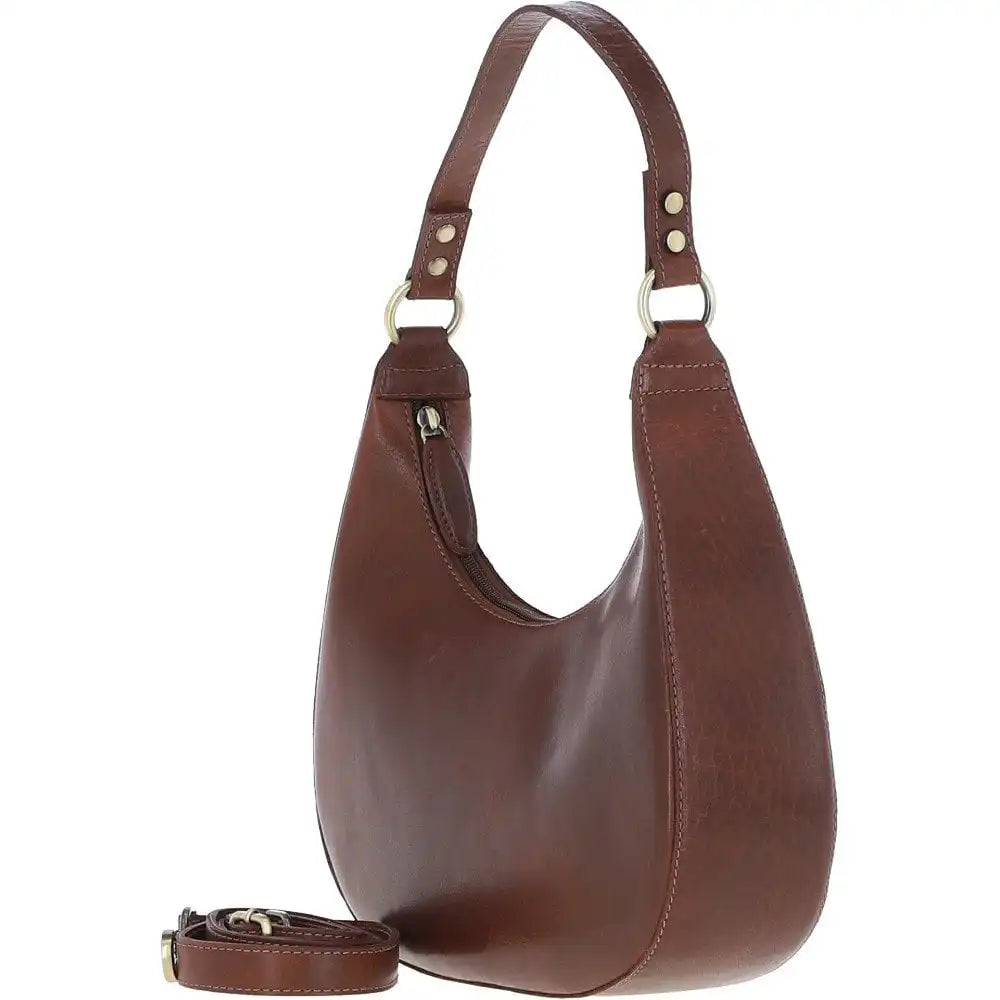Brown leather handbag with a strap on a white background