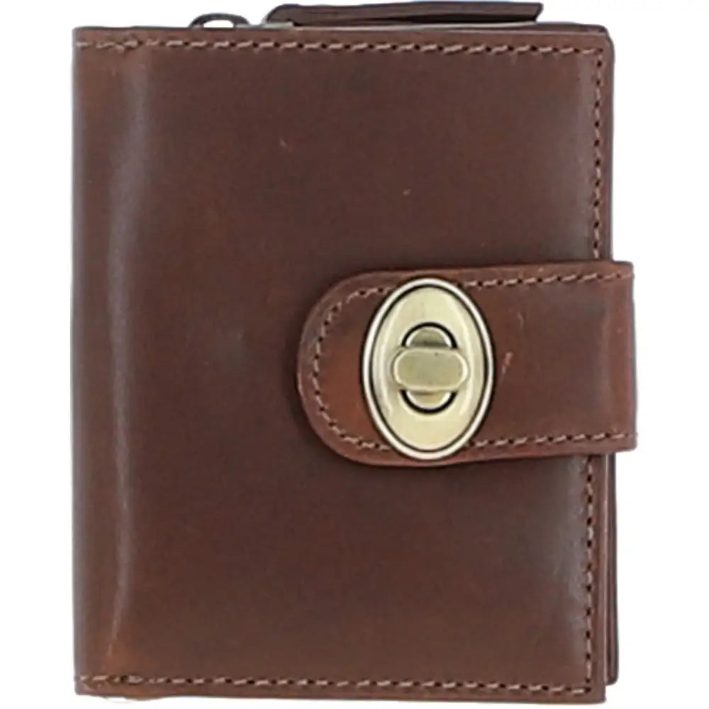 Brown leather wallet with a gold buckle on a white background