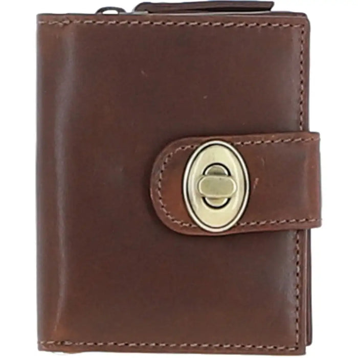 Brown leather wallet with a gold buckle on a white background