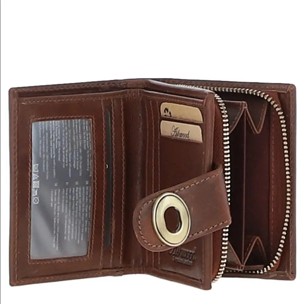 Brown leather wallet with gold accents on a white background