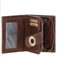 Brown leather wallet with gold accents on a white background