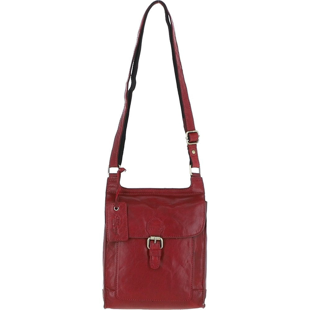 Red leather crossbody bag on a white background