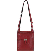 Red leather crossbody bag on a white background