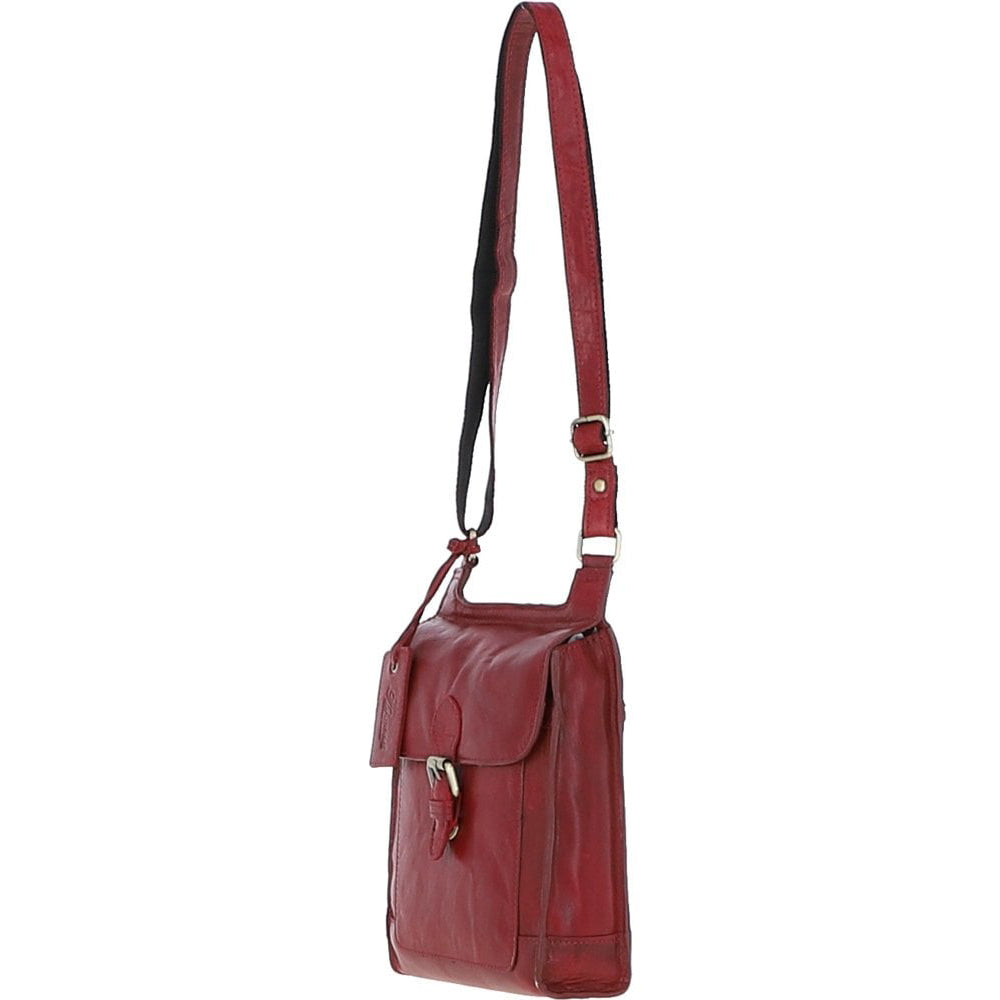 Red leather crossbody bag on a white background