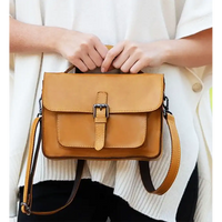 Brown leather handbag held by a person wearing a white sweater.