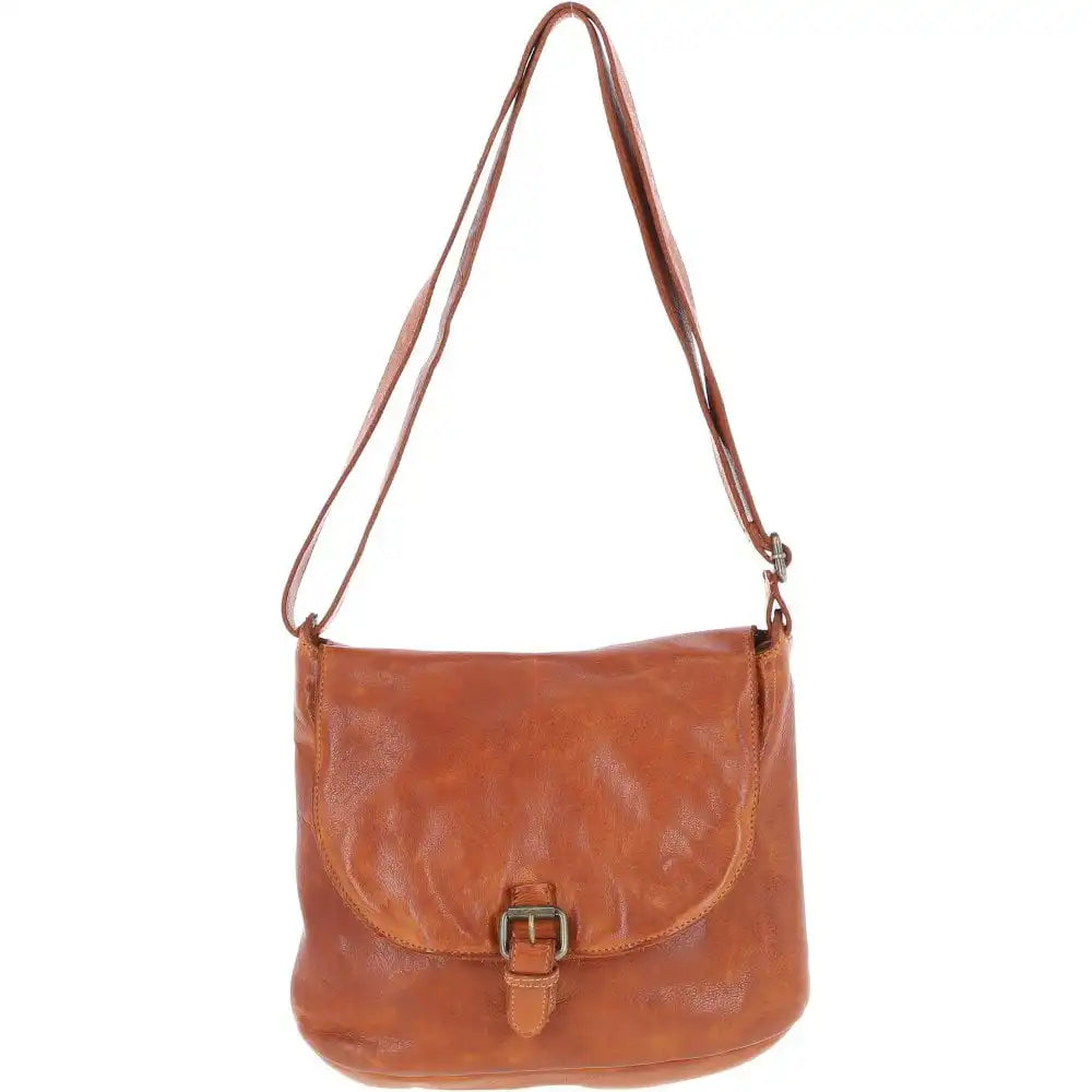 Brown leather shoulder bag with a buckle on a white background