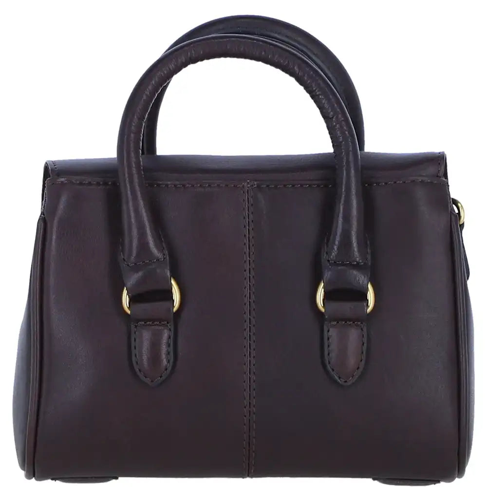 A dark brown leather handbag with double top handles, gold-tone hardware, and a structured rectangular shape, shown against a plain white background.