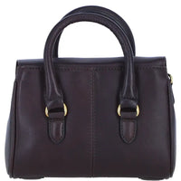 A dark brown leather handbag with double top handles, gold-tone hardware, and a structured rectangular shape, shown against a plain white background.