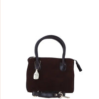 Brown handbag with black handle and strap on a white background