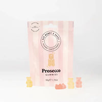 Packaging of Prosecco gummies with a pink and white striped design on a white background.