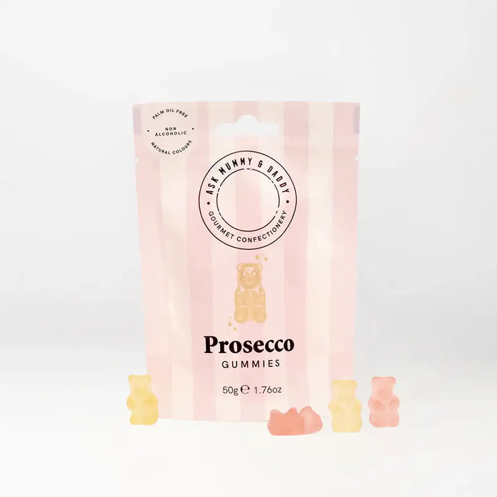 Packaging of Prosecco gummies with a pink and white striped design on a white background.
