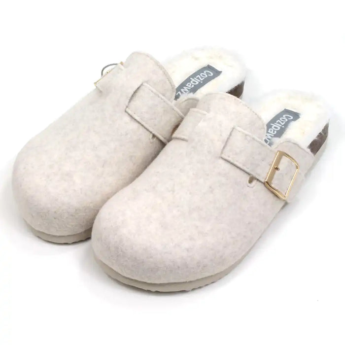 B Active Cozipaws beige felt slippers with strap and gold buckle. Furry lining. Angled view.