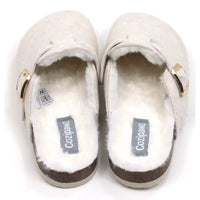 B Active Cozipaws beige felt slippers with strap and gold buckle. Furry lining. Back view.