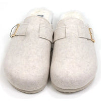 B Active Cozipaws beige felt slippers with strap and gold buckle. Furry lining. Front view.