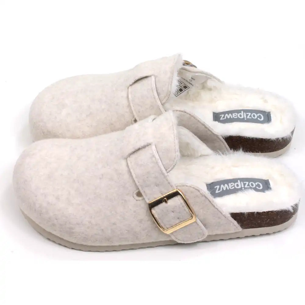 B Active Cozipaws beige felt slippers with strap and gold buckle. Furry lining. Side view.