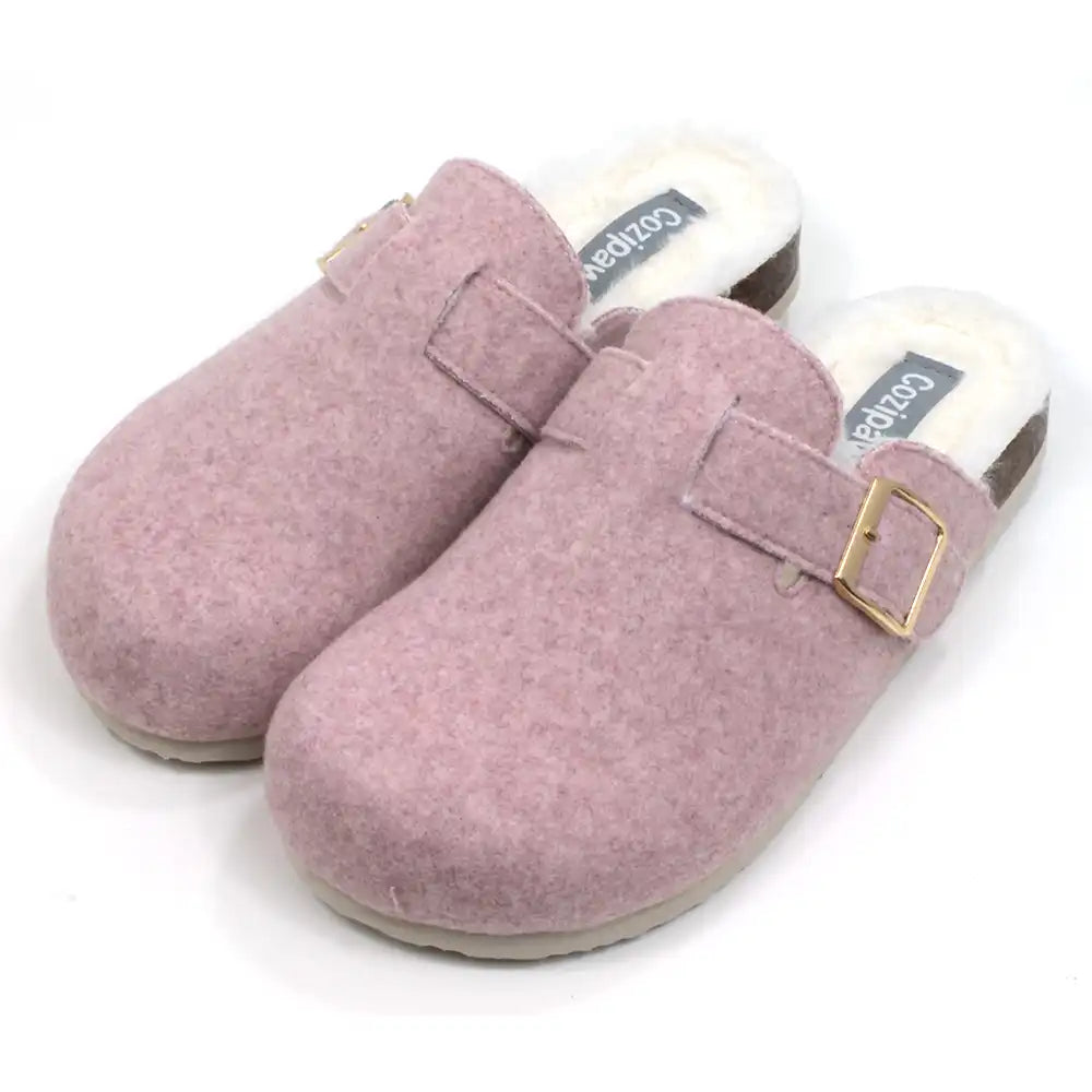 B Active Cozipaws pink felt slippers with strap and gold buckle. Furry lining. Angled view.