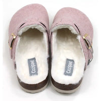 B Active Cozipaws pink felt slippers with strap and gold buckle. Furry lining. Back view.