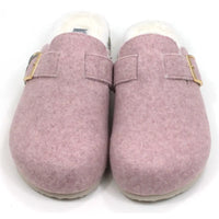 B Active Cozipaws pink felt slippers with strap and gold buckle. Furry lining. Front view.