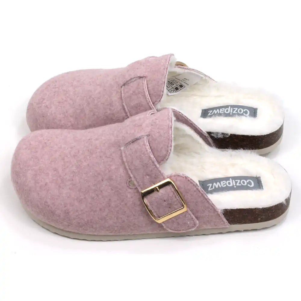 B Active Cozipaws pink felt slippers with strap and gold buckle. Furry lining. Side view.