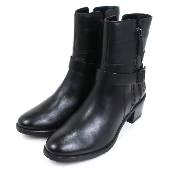 Bagatt black leather ankle boots with zip fastening. Buckled strap detail and cuban heels. Angled view.