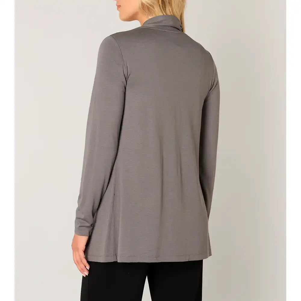 Gray long-sleeve top worn by a person on a plain background