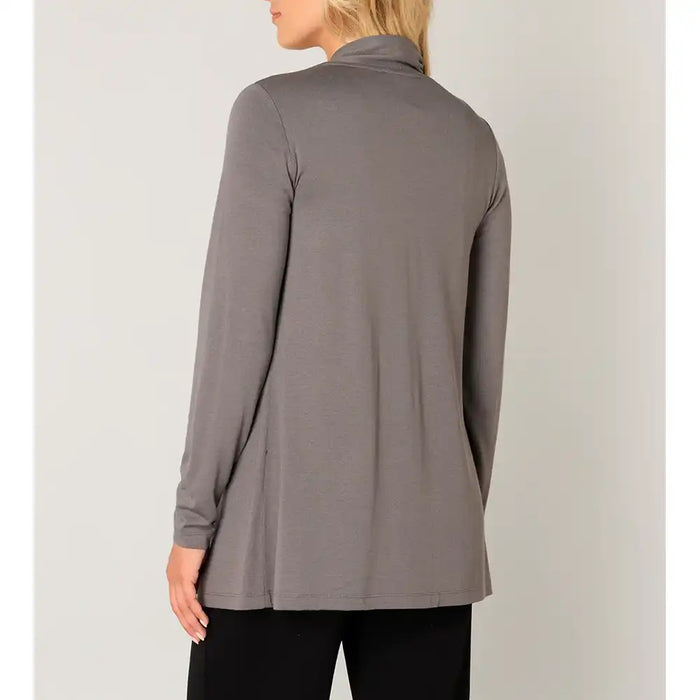 Gray long-sleeve top worn by a person on a plain background