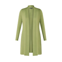Front of a open cardigan in pale green. Long sleeves 