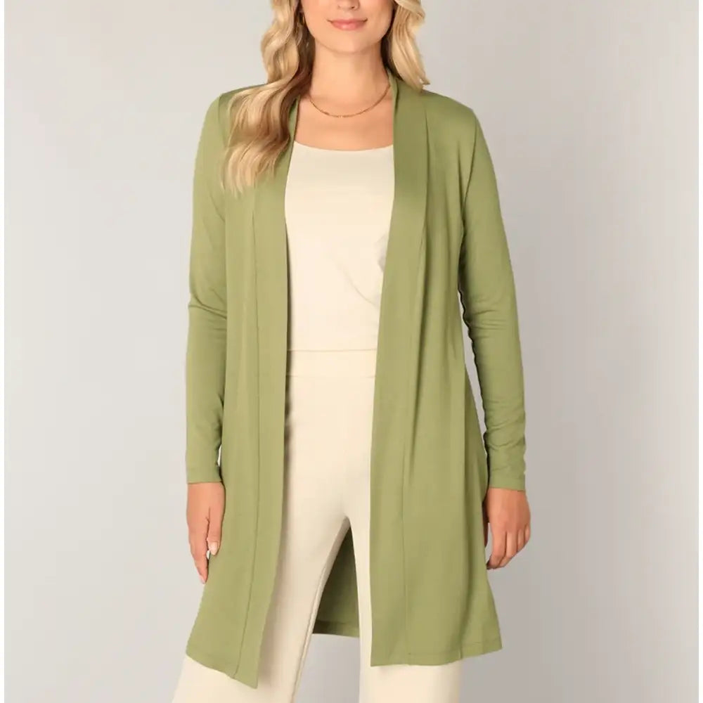 Front of a open cardigan in pale green. Long sleeves and falls to mid thigh. 