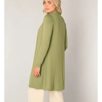 Back of pale green cardigan with long sleeves. 